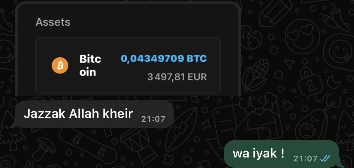 Message d'un client avec son solde de 0,04349709 BTC : « Jazzak Allah kheir »